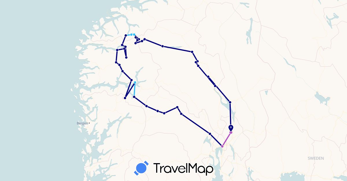 TravelMap itinerary: driving, train, boat in Norway (Europe)